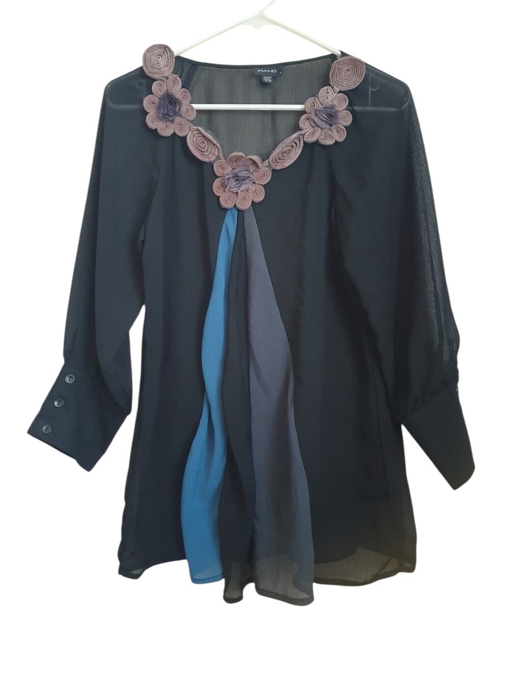 PIANO Women's Small Black Gray Blue Sheer Fabric Rosettes Neckline 3/4 Sleeve